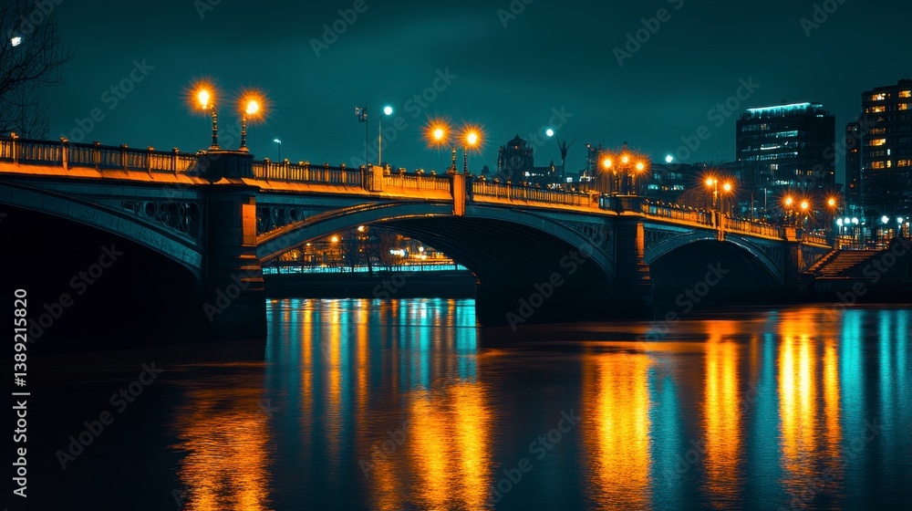 Illuminated Bridge Over Water at Night with City Skyline Reflection Illuminated Bridge Over Water at Night with City Skyline Reflection