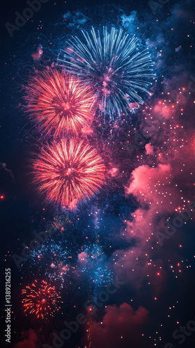 Stunning fireworks burst with glowing smoke in night sky