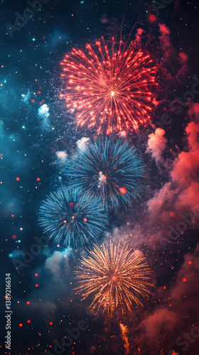 Red, blue, and gold fireworks bursting in the night sky