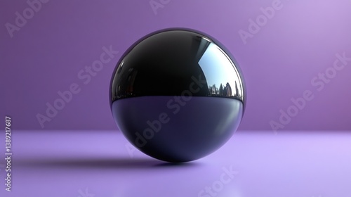 Glossy black sphere on purple background