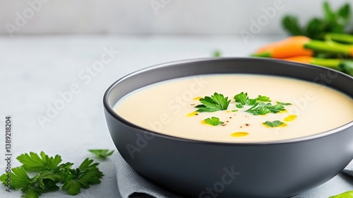 A creamy soup, garnished with parsley and olive oil, sits in a dark gray bowl. Fresh vegetables are blurred in the background. The high-quality image features natural lighting, creating a warm, invit