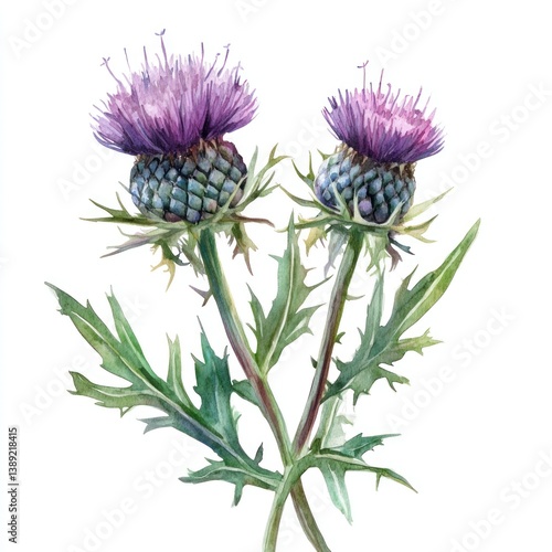 A detailed watercolor painting of purple thistles with green leaves
