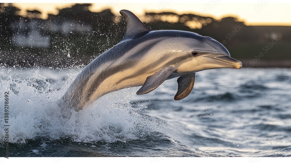 Obraz premium Dolphin leaping over waves at sunset
