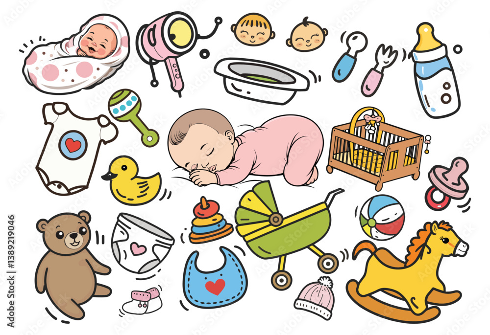 Naklejka premium Hand Drawn Baby Clipart Collection – Sleeping Infant, Crib, Toys and Accessories