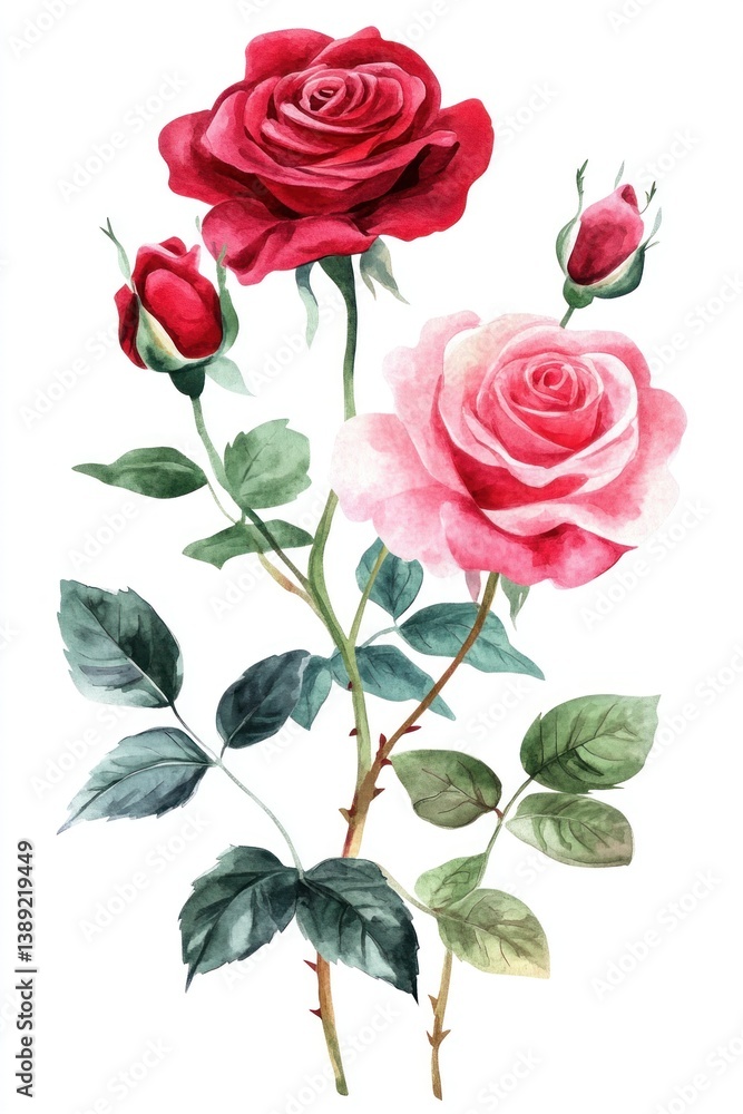 Naklejka premium Watercolor Painting Depicting Several Red and Pink Roses