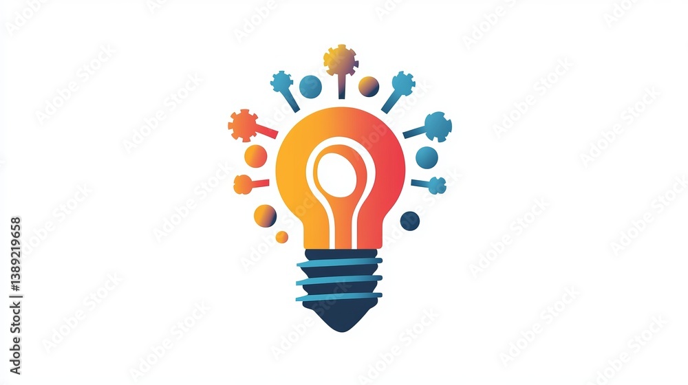 Illustration of a lightbulb with gears and dots radiating from it on a white background Illustration of a lightbulb with gears and dots radiating from it on a white background