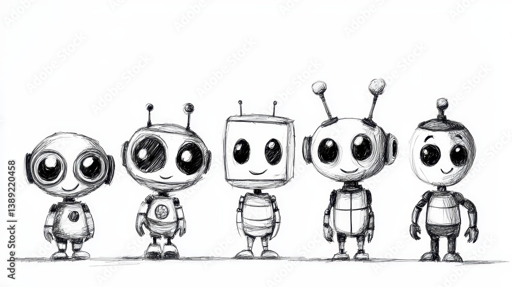 Cute and Playful Cartoon Robots in a Line Drawing Style Cute and Playful Cartoon Robots in a Line Drawing Style