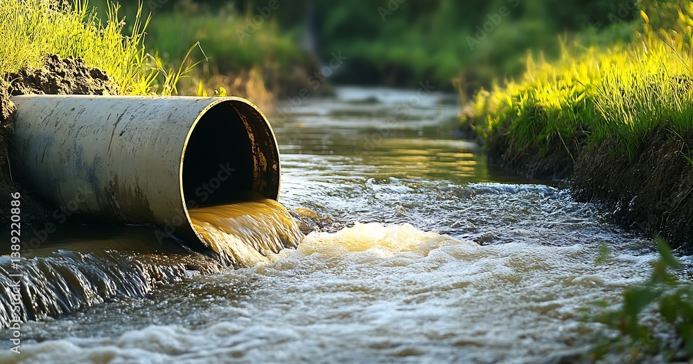Concrete drainage pipe releasing contaminated water into a stream surrounded by lush grass : Generative AI