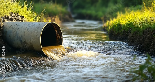 Obraz na płótnie Concrete drainage pipe releasing contaminated water into a stream surrounded by lush grass : Generative AI w salonie