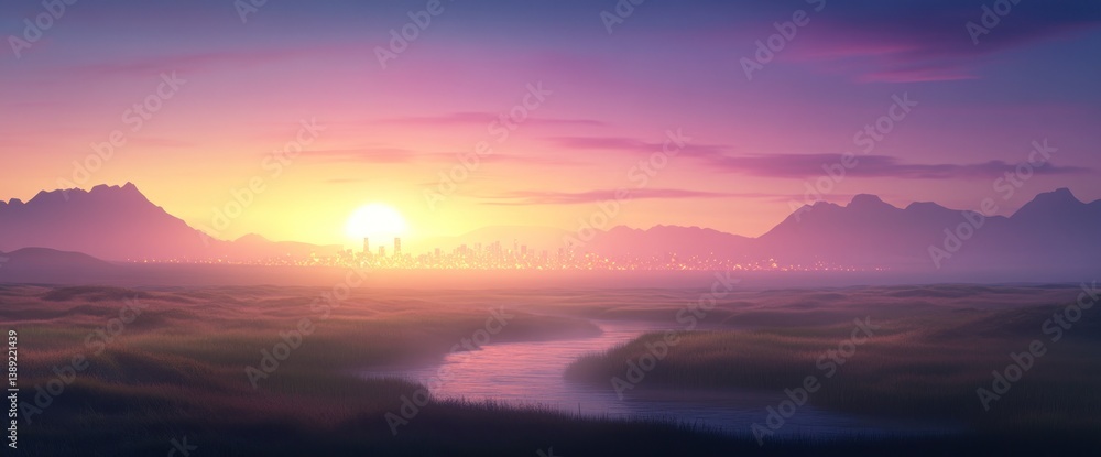 Sunrise over a valley with a river Sunrise over a valley with a river