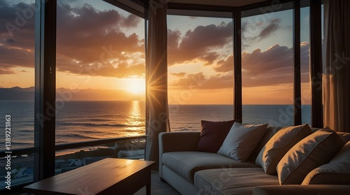 beautiful sunset on the beach view from bedroom hotel