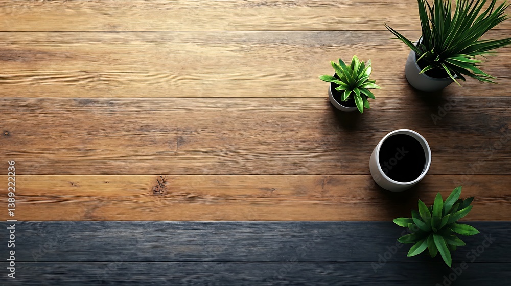 Flatlay of coffee cup, plants on wooden desk. Flatlay of coffee cup, plants on wooden desk.