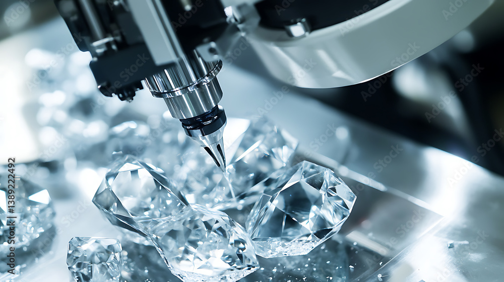 A robotic arm assisting in gemstone faceting, in a luxury jewelry workshop with high-precision lasers, Fine craftsmanship style A robotic arm assisting in gemstone faceting, in a luxury jewelry workshop with high-precision lasers, Fine craftsmanship style