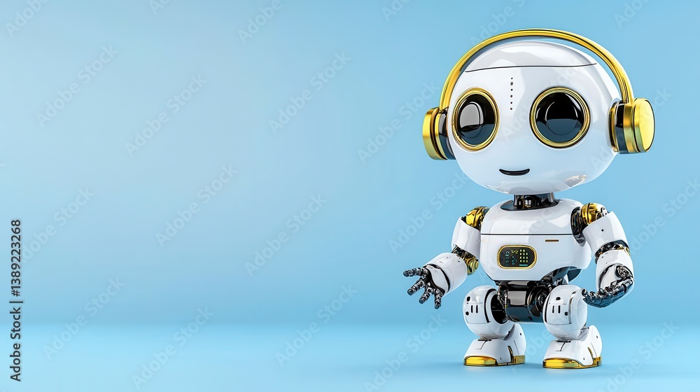 Fototapeta premium Cute humanoid robot with headphones on blue background