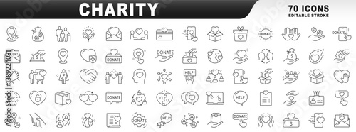 Big set of charity related line icons. Editable stroke