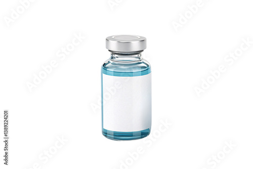 Clear medical vial filled with blue liquid, sealed with a silver cap and blank label, isolated on a transparent background