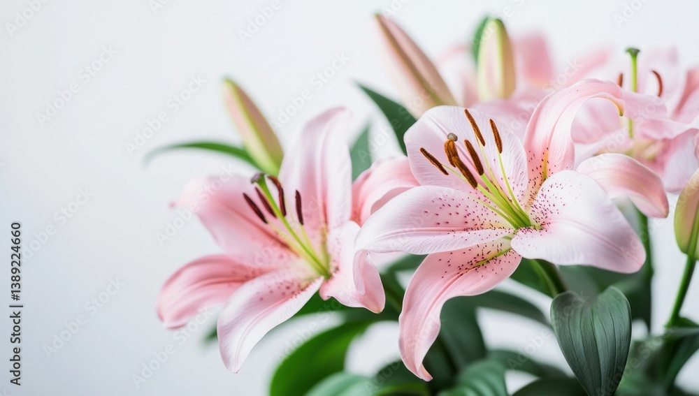 Beautiful pink lilies with green leaves in a studio setting Beautiful pink lilies with green leaves in a studio setting