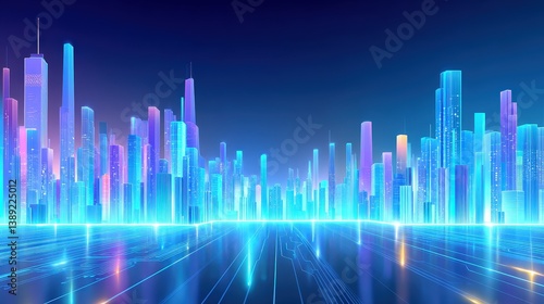 A vibrant, futuristic cityscape with glowing skyscrapers, reflecting lights, and a digital ambiance in a twilight setting.