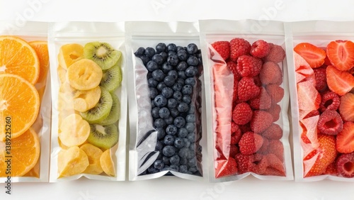 Fototapeta Naklejka Na Ścianę i Meble -  Assorted dried fruits in clear packaging, showcasing vibrant colors and textures, including oranges, bananas, kiwis, blueberries, raspberries, and strawberries.
