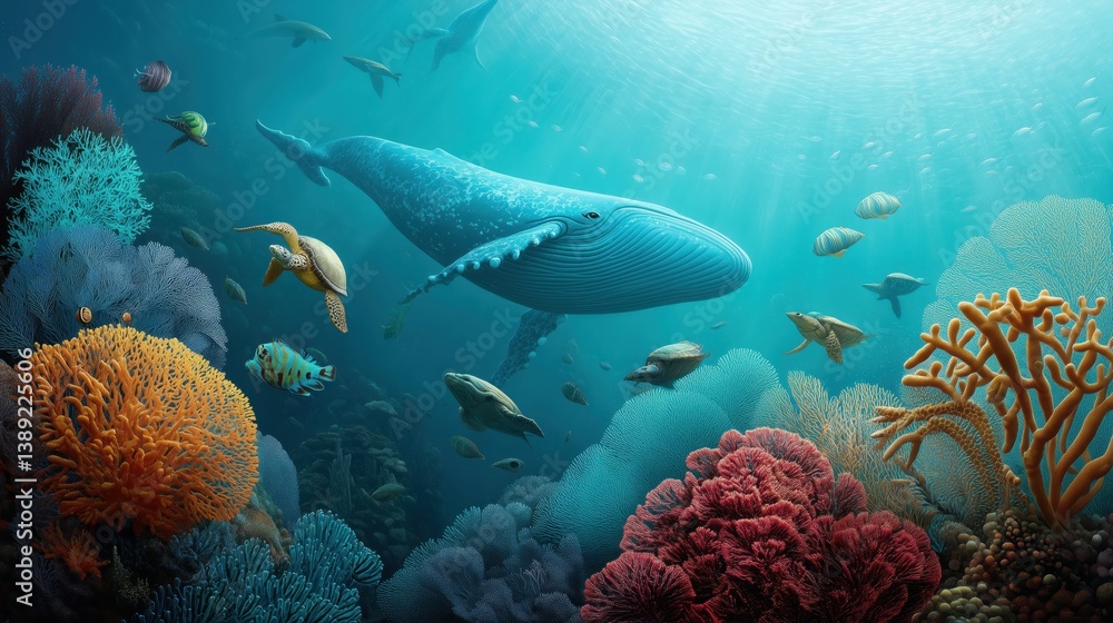 Fototapeta premium Humpback whale with jellyfish, fish, and coral in blue ocean.