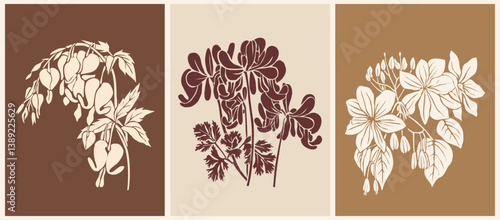 Set of botanical wall arts with Bleeding heart flower in linocut style in terracotta beige color palette. Flat stylized vector illustration isolated 
