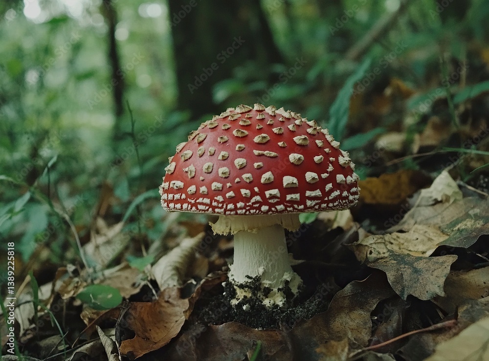Photograph of an Amanita muscaria mushroom in a forest, with a red cap featuring white dots, set against a green background. The image is a close-up shot, with a blurred foreground and the forest Photograph of an Amanita muscaria mushroom in a forest, with a red cap featuring white dots, set against a green background. The image is a close-up shot, with a blurred foreground and the forest
