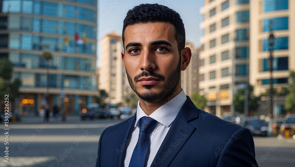 Fototapeta premium Portrait of a Confident Young Professional with Middle Eastern Features, Well-Groomed Beard, and Business Attire Against a Cityscape Background
