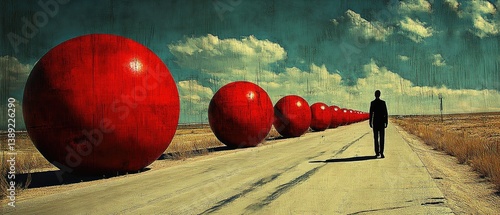 Solitary journey lined with large red spheres