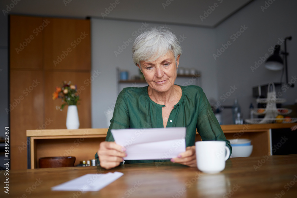 Woman reading a letter at home with a coffee cup on the table Woman reading a letter at home with a coffee cup on the table