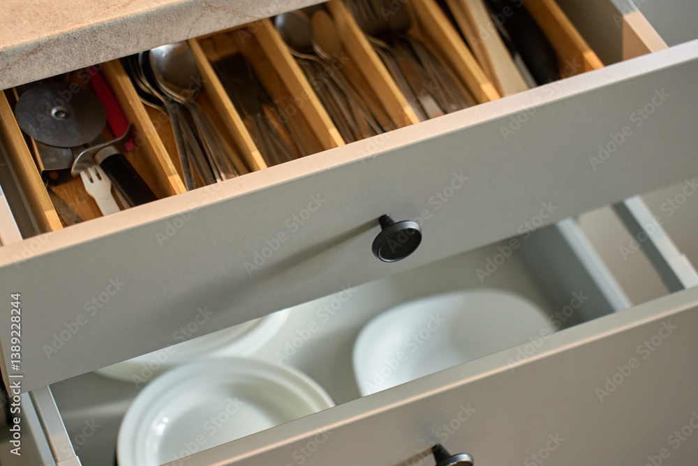 Modern kitchen with dishes and cutlery in open drawers. Contemporary kitchen cabinets. Concept of home organization and functionality interior