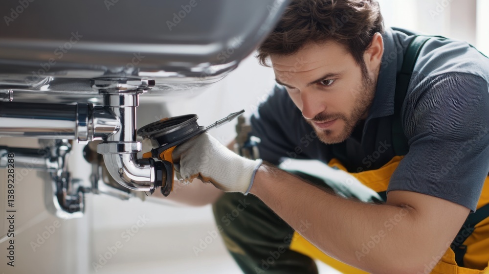 A plumber fixing pipes under a sink at a residential construction site. Featuring problem-solving and expertise A plumber fixing pipes under a sink at a residential construction site. Featuring problem-solving and expertise