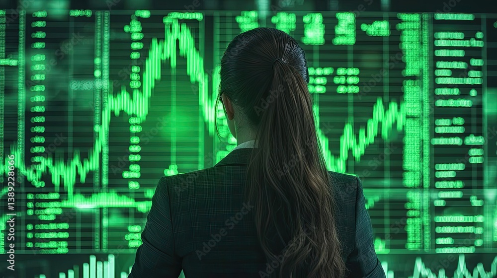 Green stock market chart analysis with business success concept. A businesswoman analyzing financial data on a digital screen. Green stock market chart analysis with business success concept. A businesswoman analyzing financial data on a digital screen.