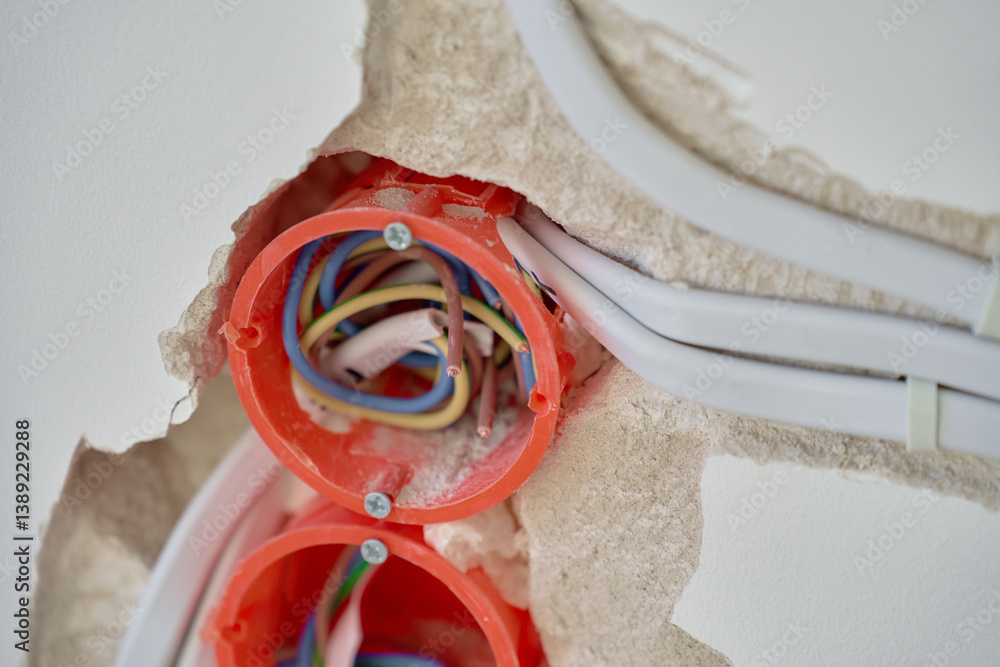 Electrical wiring installation during renovation. Plastic outlet boxes with exposed electrical wires embedded in wall. Unfinished wall with visible electrical wiring and socket holders