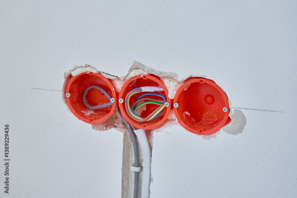 Electrical wiring installation during renovation. Three plastic outlet boxes with exposed electrical wires embedded in wall. Unfinished wall with visible electrical wiring and socket holders