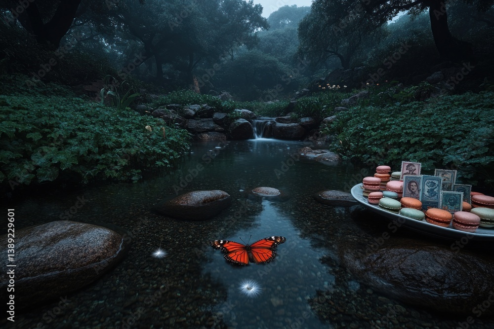 Fototapeta premium Misty forest stream with butterfly and macarons
