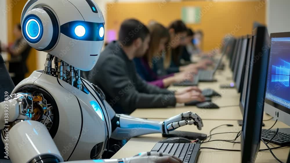 A humanoid robot sits among people, working at computer, highlighting ...