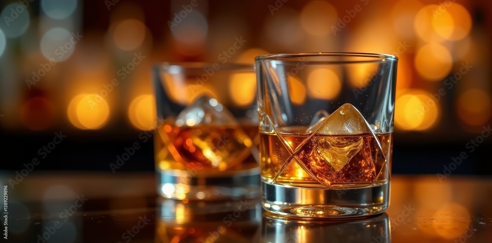 Close-up of two crystal whiskey glasses on polished bar, nightlife, crystal Close-up of two crystal whiskey glasses on polished bar, nightlife, crystal