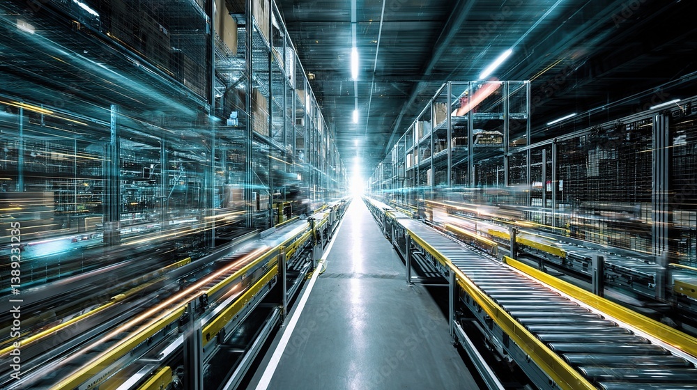 Fototapeta premium Dynamic Double Exposure of Logistics Center Interior with Conveyors
