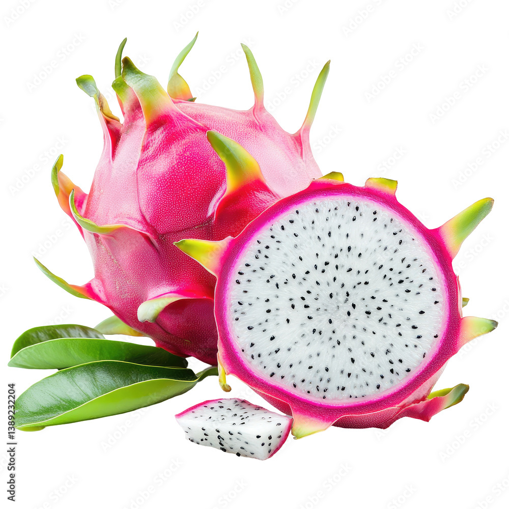 Fresh, vibrant pink dragon fruit with a sliced section displaying its white flesh dotted with black seeds Fresh, vibrant pink dragon fruit with a sliced section displaying its white flesh dotted with black seeds