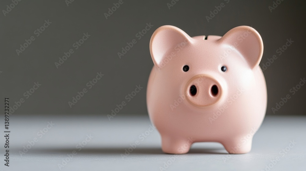 A pink piggy bank sits on a gray surface. The piggy bank is the focal point, presented in a straightforward manner. The image is well-lit, with a high resolution and soft lighting. The style is simp A pink piggy bank sits on a gray surface. The piggy bank is the focal point, presented in a straightforward manner. The image is well-lit, with a high resolution and soft lighting. The style is simp