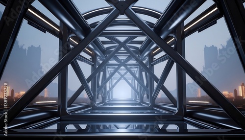 Abstract Metal Structure With City Skyline View Background Technology And Architecture