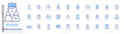 Nurse icons collection. Line Duotone style, editable stroke. cap, nurse, reception desk, nursing, medical team, reception, receptionist, hospital
