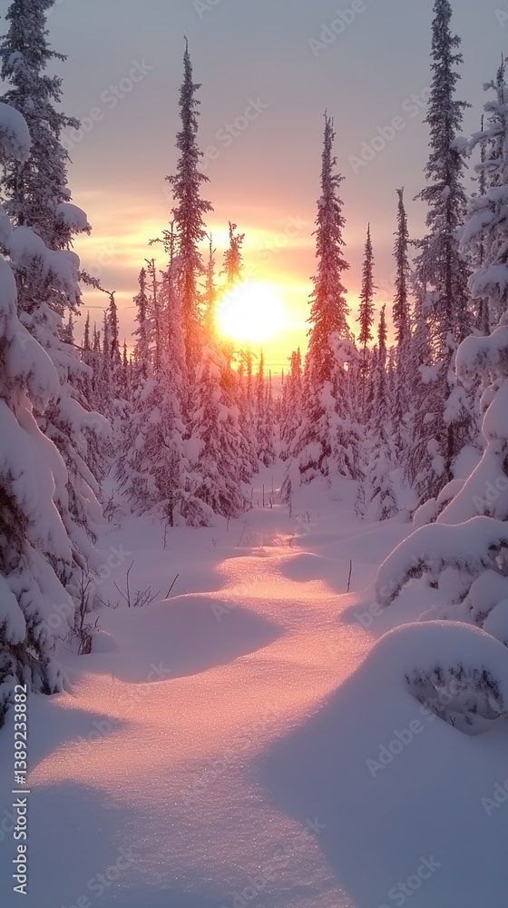 Snowy path at winter sunrise Snowy path at winter sunrise