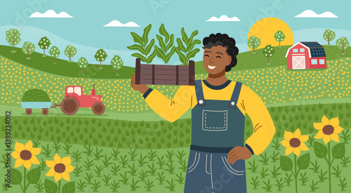 Sustainable and regenerative gardening concept. Nature spring farm background. Farmer with garden box with seedlings. Vector flat banner.