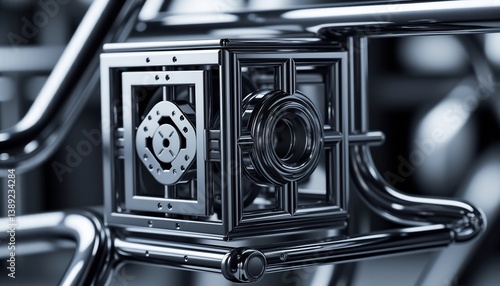 Complex Mechanical Cube Structure With Chrome Finish And Industrial Design Elements