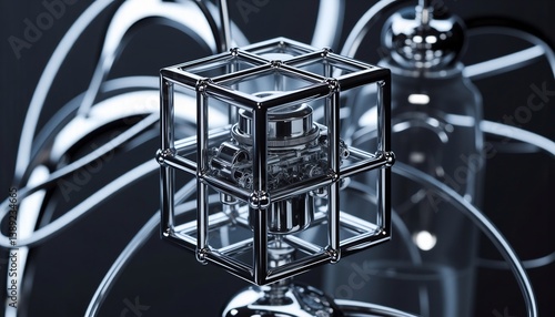 Abstract Chrome Sculpture Modern Art Design With Metallic Components Displayed In Studio