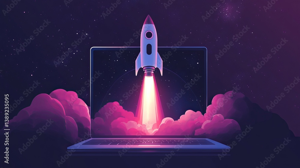 Rocket launching from laptop screen with clouds and starfield in a purple and blue gradient sky Rocket launching from laptop screen with clouds and starfield in a purple and blue gradient sky