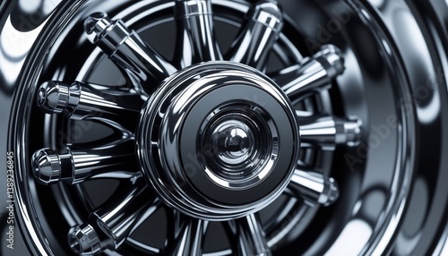 Close Up Of Shiny Chrome Car Wheel With Spokes And Details