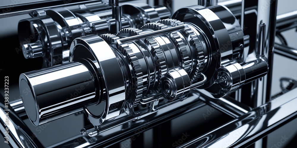 Shiny Chrome Gearbox Assembly Engineering Precision Metalwork Industrial Design Close Up Shiny Chrome Gearbox Assembly Engineering Precision Metalwork Industrial Design Close Up
