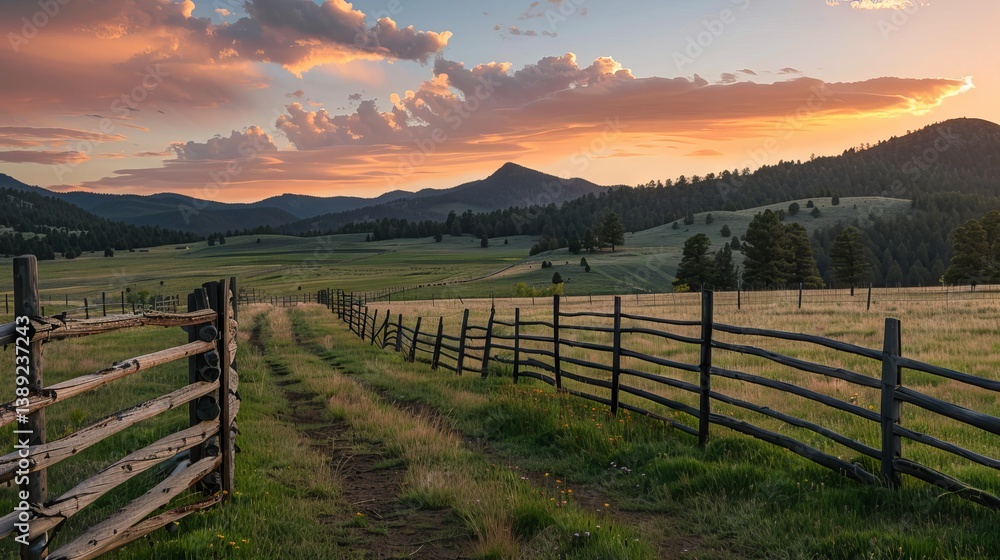 Picturesque sunrise over a fenced ranch with rolling hills and vibrant sky